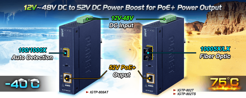 IGTP-80xT Series — 1000BASE-X to 10/100/1000BASE-T 802.3at PoE+ Industrial Media Converter, vista 10