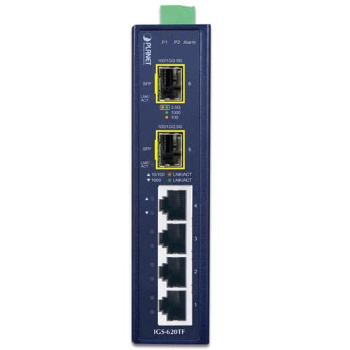 IGS-620TF — Industrial 4-Port 10/100/1000BASE-T + 2-Port 100/1G/2.5GBASE-X SFP Ethernet Switch, vista 2