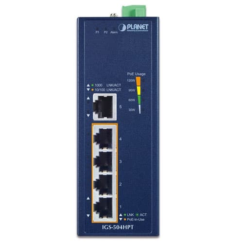 IGS-504HPT — Industrial 4-Port 10/100/1000T 802.3at PoE + 1-Port 10/100/1000T Gigabit Ethernet Switch, vista 2