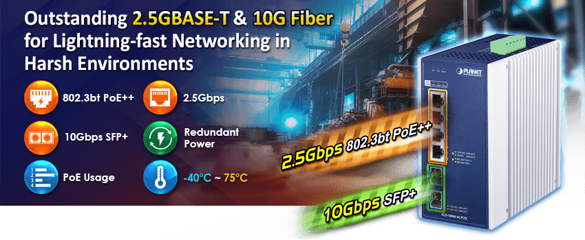IGS-1000-4UP2X — Industrial 4-Port 10/100/1000/2500T 802.3bt PoE + 2-Port 10G SFP+ Ethernet Switch, vista 4