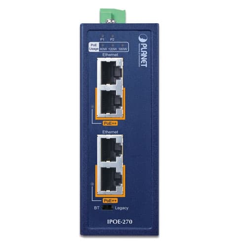 IPOE-270 / IPOE-270-12V — Industrial 2-port Multi-Gigabit 802.3bt PoE++ Injector Hub, vista 5
