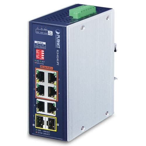 IGS-824UPT — Industrial 4-Port 10/100/1000T 802.3bt PoE + 2-Port 10/100/1000T + 2-Port 100/1000X SFP Gigabit Ethernet Switch