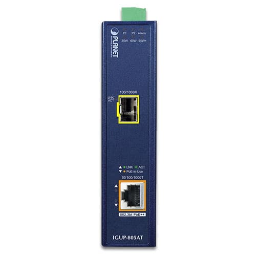 IGUP-805AT — Industrial 1-Port 100/1000X SFP to 1-Port 10/100/1000T 802.3bt PoE++ Media Converter, vista 2
