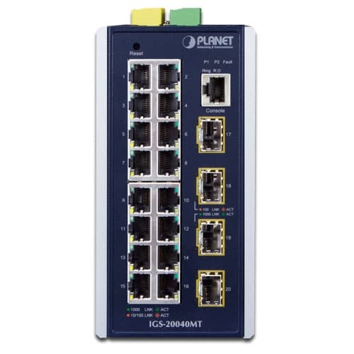 IGS-20040MT — Industrial L2+ 16-Port 10/100/1000T + 4-Port 100/1000X SFP Managed Switch, vista 2