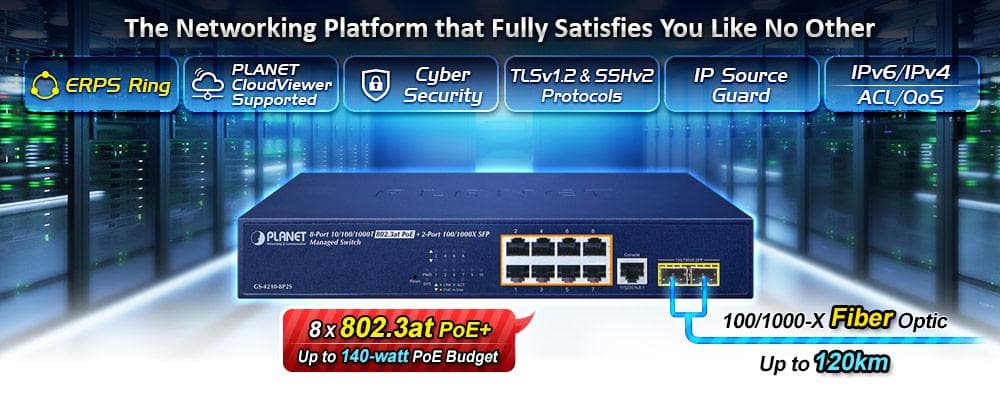 GS-4210-8P2S — 8-Port 10/100/1000T 802.3at PoE + 2-Port 100/1000X SFP Managed Switch, vista 4