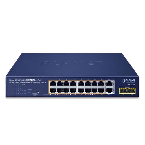 GSD-2022P — 16-Port 10/100/1000T 802.3at PoE + 2-Port 10/100/1000T + 2-Port 1000X SFP Desktop Switch, vista 2
