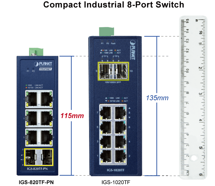 IGS-820TF-PN — Compact Industrial 6-Port 10/100/1000T + 2-Port 100/1000X SFP PROFINET Switch, vista 3