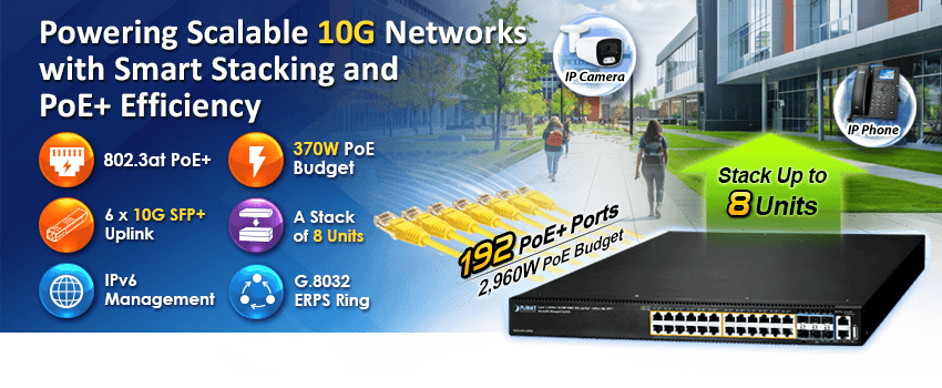 SGS-6341-24P6X — Layer 3 24-Port 10/100/1000T 802.3at PoE + 6-Port 10G SFP+ Stackable Managed Ethernet Switch, vista 5