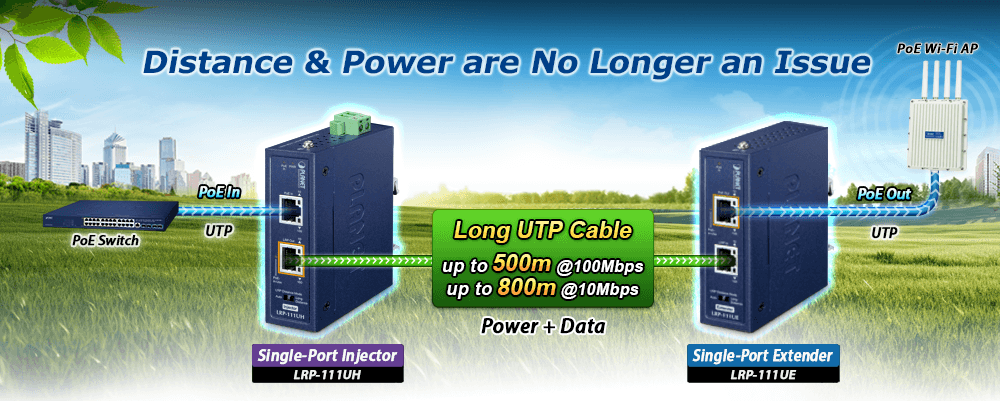 LRP-111U-KIT — Industrial 1-Port 10/100TX 802.3bt PoE + 1-Port UTP Long Reach PoE Kit, vista 2