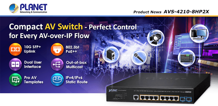 AVS-4210-8HP2X — L2+ 4-Port 10/100/1000T 802.3bt PoE + 4-Port 10/100/1000T 802.3at PoE + 2-Port 10G SFP+ Managed AV Switch, vista 4
