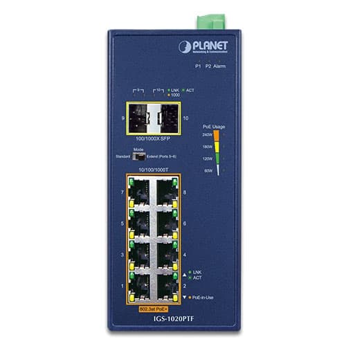 IGS-1020PTF — Industrial 8-Port 10/100/1000T 802.3at PoE + 2-Port 100/1000X SFP Ethernet Switch, vista 2
