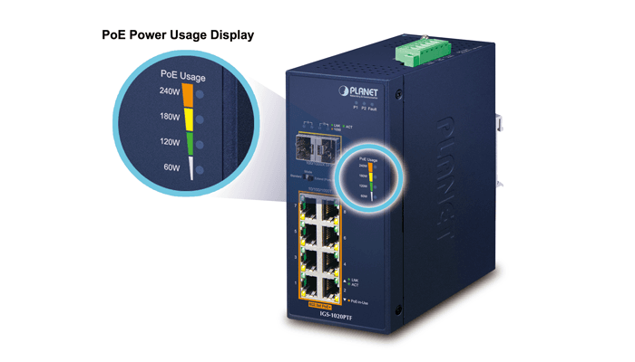 IGS-1020PTF — Industrial 8-Port 10/100/1000T 802.3at PoE + 2-Port 100/1000X SFP Ethernet Switch, vista 9