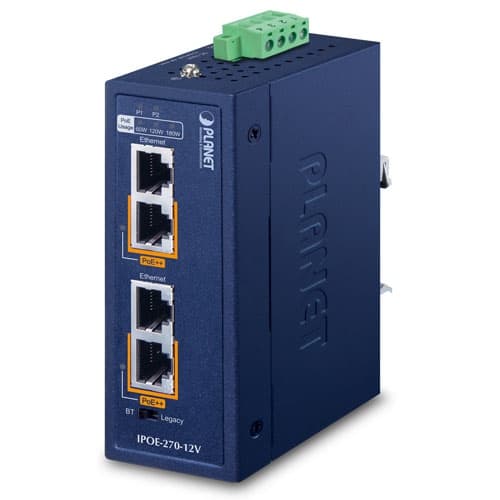 IPOE-270 / IPOE-270-12V — Industrial 2-port Multi-Gigabit 802.3bt PoE++ Injector Hub