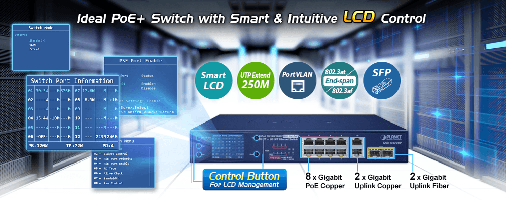 GSD-1222VHP — 8-Port 10/100/1000T 802.3at PoE + 2-Port 10/100/1000T + 2-Port 1000X SFP Ethernet Switch with PoE LCD Monitor, vista 4