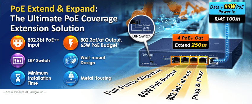 POE-E304 — 1-Port 802.3bt PoE++ to 4-Port 802.3af/at Gigabit PoE Extender, vista 4