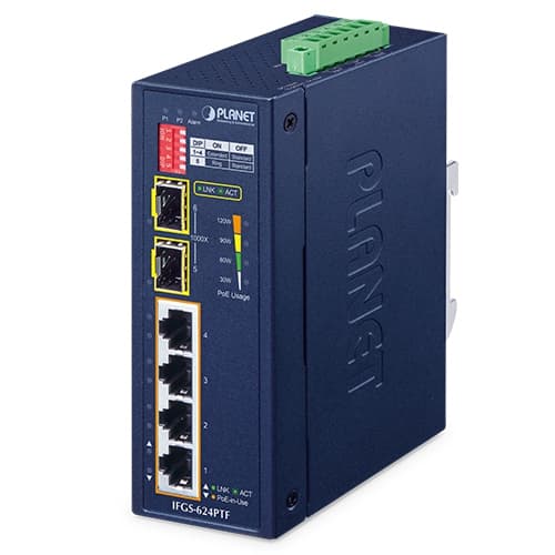IFGS-624PTF — Industrial 4-Port 10/100TX 802.3at PoE + 2-Port 1000X SFP Ring Ethernet Switch