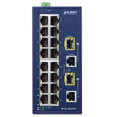 IFGS-1822TF — Industrial 16-Port 10/100TX + 2-Port Gigabit TP/SFP Combo Ethernet Switch, vista 2