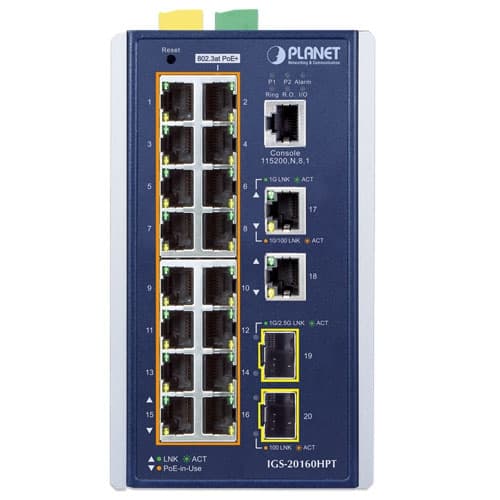 IGS-20160HPT — Industrial L3 16-Port 10/100/1000T 802.3at PoE + 2-Port 10/100/1000T + 2-Port 1G/2.5G SFP Managed Ethernet Switch, vista 2