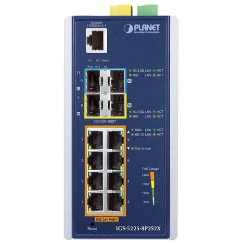 IGS-5225-8P2S2X — Industrial L3 8-Port 10/100/1000T 802.3at PoE + 2-Port 1G/2.5G SFP + 2-Port 10G SFP+ Managed Ethernet Switch, vista 2