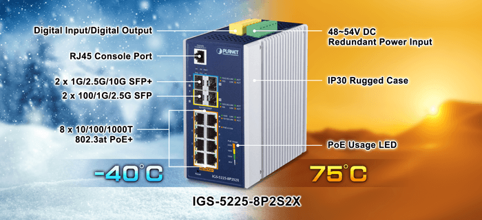 IGS-5225-8P2S2X — Industrial L3 8-Port 10/100/1000T 802.3at PoE + 2-Port 1G/2.5G SFP + 2-Port 10G SFP+ Managed Ethernet Switch, vista 4
