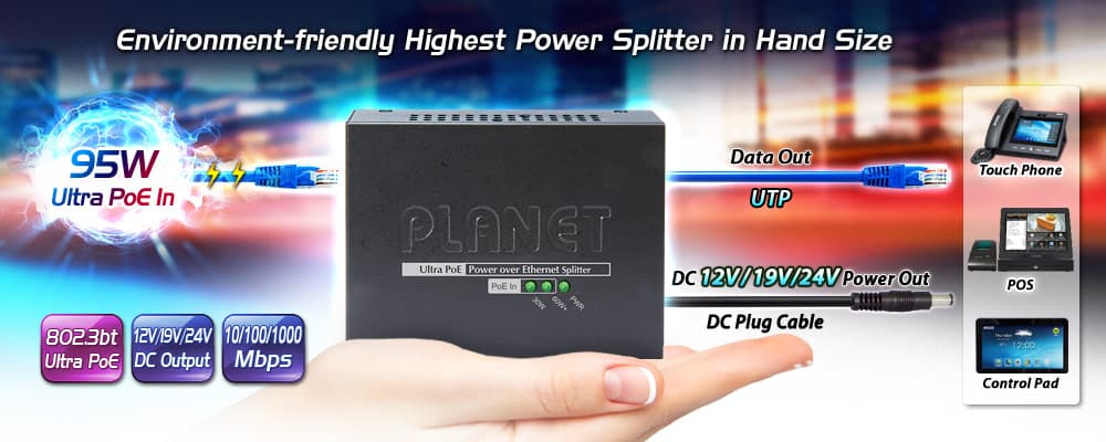 POE-172S — Single-Port 10/100/1000Mbps Ultra PoE Splitter (12V/19V/24V), vista 5