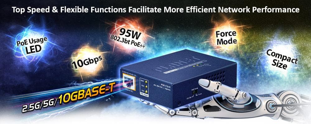 POE-176-95 — Single-Port 10Gbps 95-watt 802.3bt PoE++ Injector, vista 5