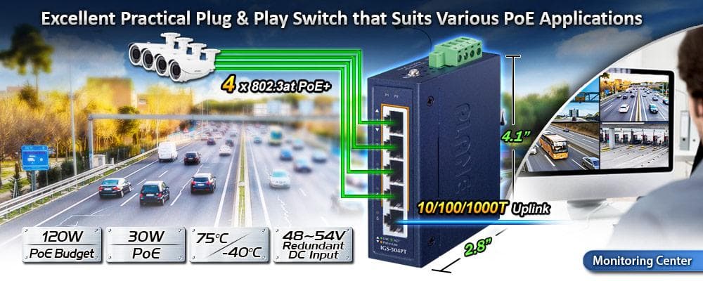 IGS-504PT — Compact Industrial 4-Port 10/100/1000T 802.3at PoE + 1-Port 10/100/1000T Ethernet Switch, vista 4