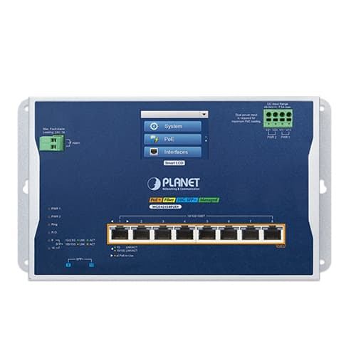 WGS-4215-8P2XV — Industrial L2+ 8-Port 10/100/1000T 802.3at PoE + 2-Port 10G SFP+ Wall-mount Managed Ethernet Switch with LCD Touch Screen, vista 2