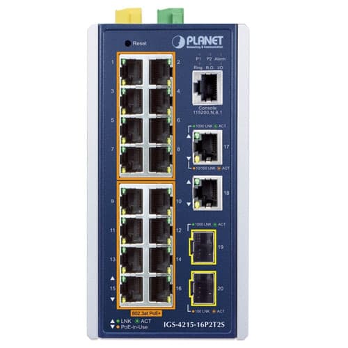 IGS-4215-16P2T2S — Industrial 16-Port 10/100/1000T 802.3at PoE + 2-Port 10/100/1000T + 2-Port 100/1000X SFP Managed Ethernet Switch, vista 2