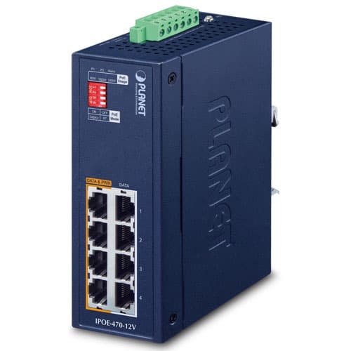 IPOE-470-12V — Industrial 4-port Multi-Gigabit 802.3bt PoE++ Injector Hub w/ 12V Booster