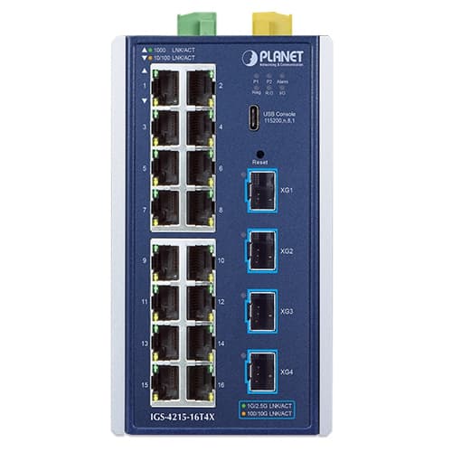 IGS-4215-16T4X — Industrial L2+ 16-Port 10/100/1000T + 4-Port 10G SFP+ Managed Ethernet Switch, vista 2