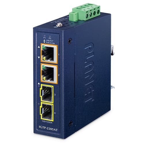 IGTP-2205AT — Compact Industrial 2-Port 100/1000X SFP to 2-Port 10/100/1000T 802.3at PoE+
Media Converter