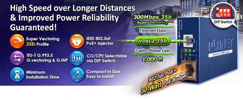 VC-231GP — 1-Port 10/100/1000T 802.3at PoE+ Ethernet to VDSL2 Converter, vista 4