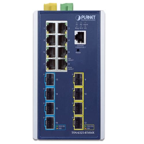TSN-6325-8T4S4X — Industrial L3 8-Port 10/100/1000T + 4-Port 1G/2.5G SFP + 4-Port 10GBASE-X SFP+
Managed TSN Ethernet Switch, vista 2