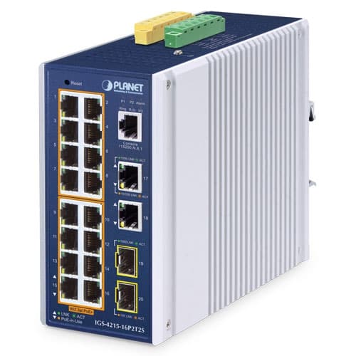 IGS-4215-16P2T2S — Industrial 16-Port 10/100/1000T 802.3at PoE + 2-Port 10/100/1000T + 2-Port 100/1000X SFP Managed Ethernet Switch