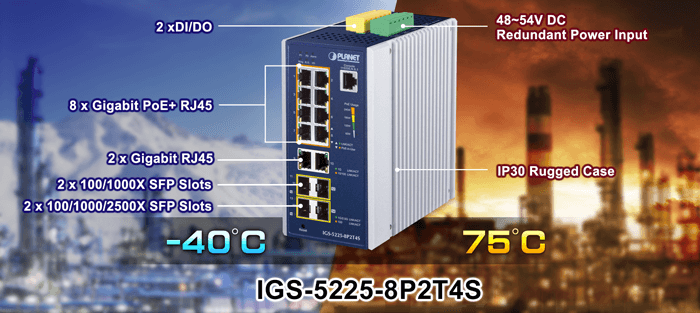 IGS-5225-8P2T4S — Industrial L2+ 8-Port 10/100/1000T 802.3at PoE + 2-Port 10/100/1000T + 2-Port 100/1G SFP + 2-Port 100/1G/2.5G SFP Managed Ethernet Switch, vista 4