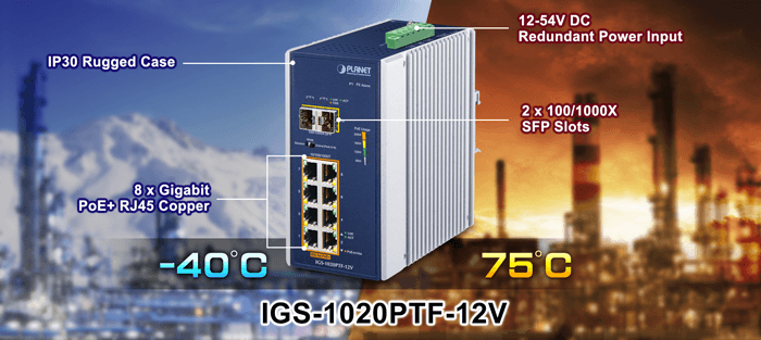 IGS-1020PTF-12V — Industrial 8-Port 10/100/1000T 802.3at PoE + 2-Port 100/1000X SFP Ethernet Switch w/ 12V Booster, vista 4