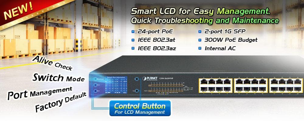 GSW-2620VHP — 24-Port 10/100/1000T 802.3at PoE + 2-Port Gigabit SFP Ethernet Switch with LCD PoE Monitor, vista 4