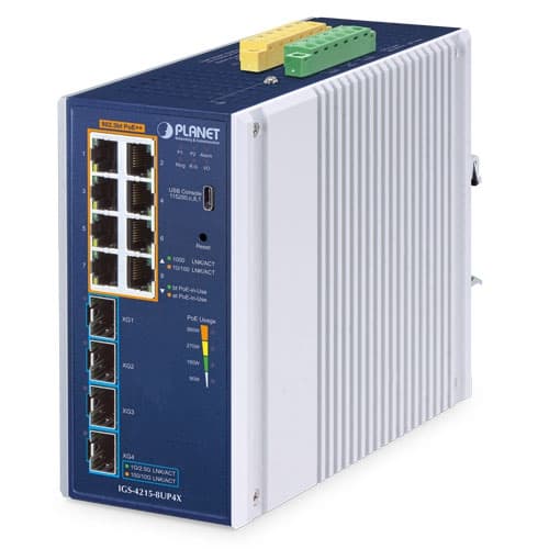 IGS-4215-8UP4X — Industrial L2+ 8-Port 10/100/1000T 802.3bt PoE + 4-Port 10G SFP+ Managed Ethernet Switch