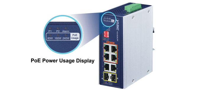 IGS-824UPT — Industrial 4-Port 10/100/1000T 802.3bt PoE + 2-Port 10/100/1000T + 2-Port 100/1000X SFP Gigabit Ethernet Switch, vista 5