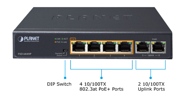 FSD-604HP — 4-Port 10/100TX 802.3af/at PoE + 2-Port 10/100TX Desktop Switch (60 Watts), vista 5