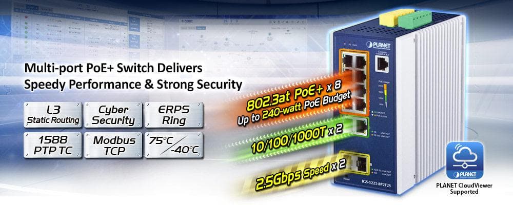 IGS-5225-8P2T2S — Industrial L2+ 8-Port 10/100/1000T 802.3at PoE + 2-Port 10/100/1000T + 2-Port 1G/2.5G SFP Managed Ethernet Switch, vista 4