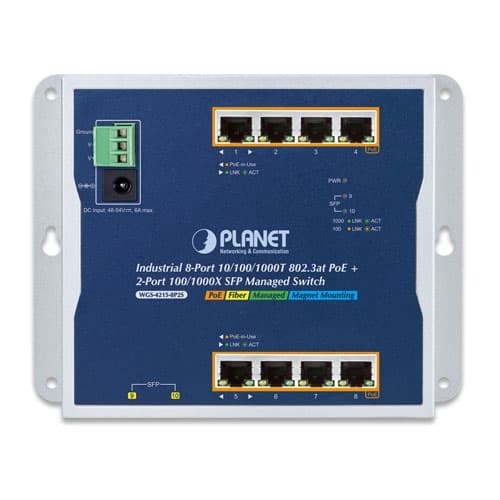 WGS-4215-8P2S — Industrial 8-Port 10/100/1000T 802.3at PoE + 2-Port 100/1000X SFP Wall-mount Managed Switch, vista 2