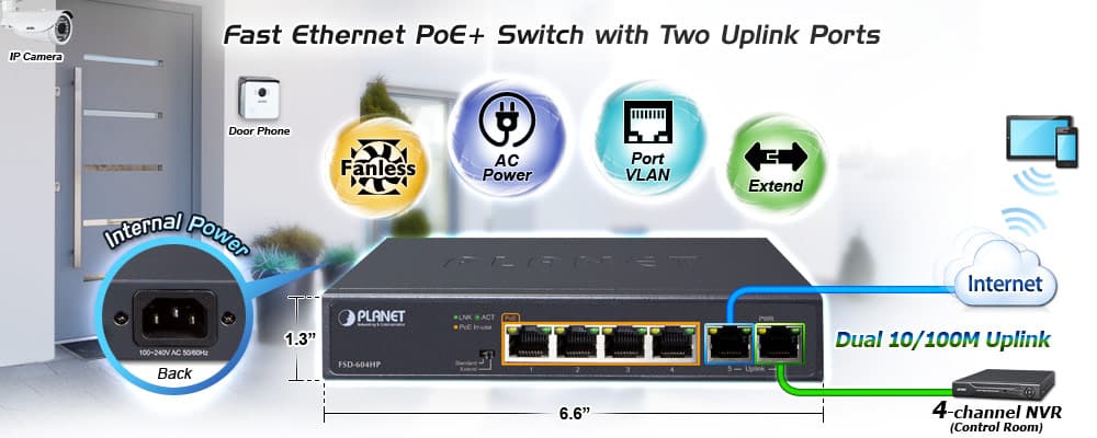 FSD-604HP — 4-Port 10/100TX 802.3af/at PoE + 2-Port 10/100TX Desktop Switch (60 Watts), vista 4