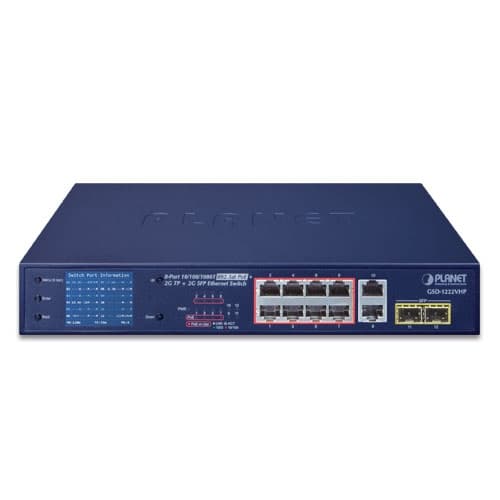 GSD-1222VHP — 8-Port 10/100/1000T 802.3at PoE + 2-Port 10/100/1000T + 2-Port 1000X SFP Ethernet Switch with PoE LCD Monitor, vista 2