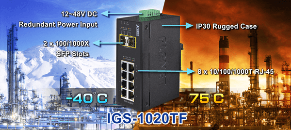 IGS-1020TF — Industrial 8-Port 100/1000T + 2 1000X SFP Ethernet Switch, vista 4