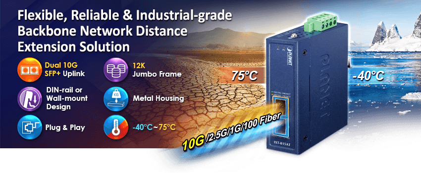 IXT-815AT — Compact Industrial 2-Port 10G/2.5G/1G/100BASE-X SFP+ Media Converter, vista 4