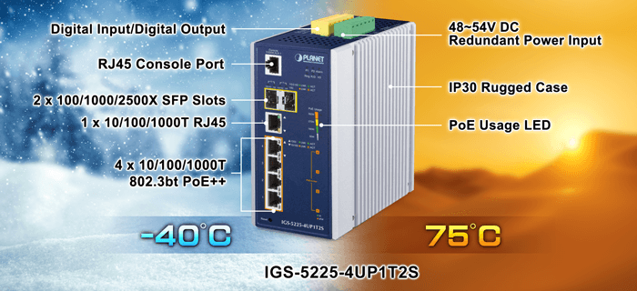 IGS-5225-4UP1T2S — Industrial L2+ 4-Port 10/100/1000T 802.3bt PoE + 1-Port 10/100/1000T + 2-Port 1G/2.5G SFP Managed Ethernet Switch, vista 5