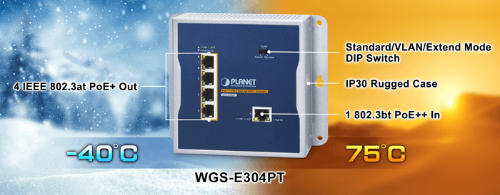 WGS-E304PT — Industrial 1-Port 10/100/1000T 802.3bt PoE++ to 4-Port 802.3at PoE+ Wall-mounted Extender, vista 6