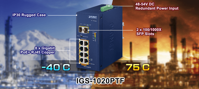 IGS-1020PTF — Industrial 8-Port 10/100/1000T 802.3at PoE + 2-Port 100/1000X SFP Ethernet Switch, vista 4